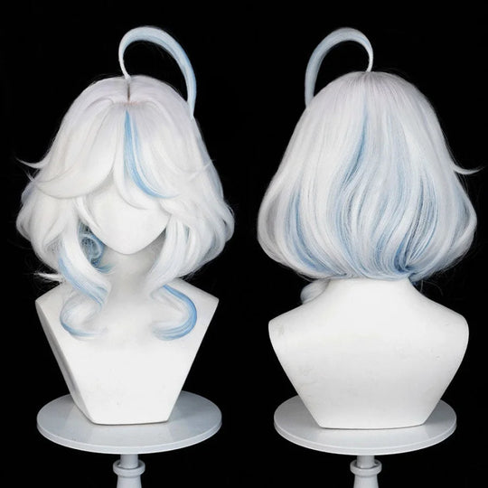 COSFUN Genshin Impact Furina cosplay wig pairs wavy white bangs with a light blue-streaked central ahoge.