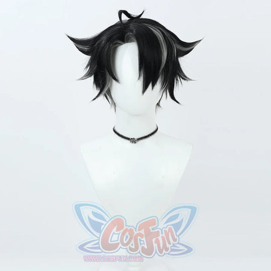 Genshin Impact Wriothesley cosplay wig sets spiky black-and-white fiber beside a black choker centered by a flower pendant.