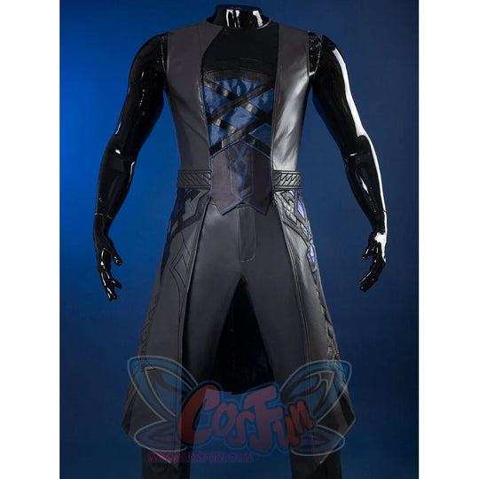 Genshin Impact Il Capitano cosplay inner costume sets sleeveless waistcoat over blue cross-strapped tunic and grey trousers.