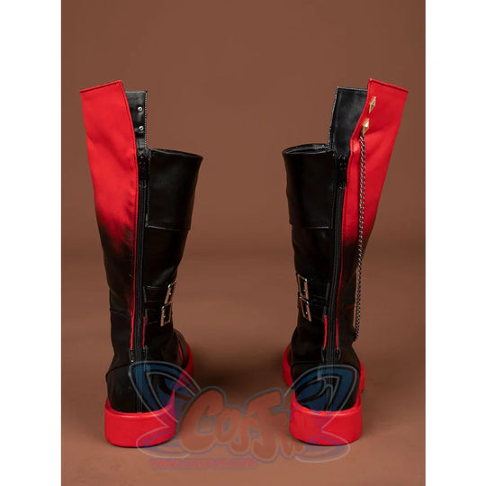 Genshin Impact Tartaglia Childe cosplay knee-high boots pairing side zippers and back buckles with silver chain and gold.