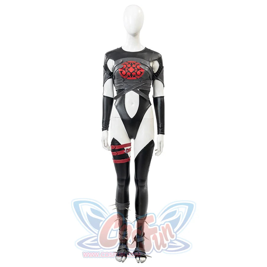 Invisible Woman Malice Cosplay inner costume with black and red design on a white background.