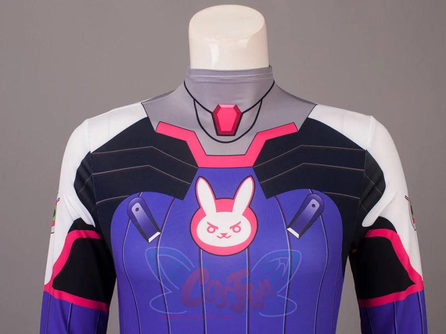 D.Va Hana Song Overwatch cosplay costume centers multi-colored printed suit top in a close detail view.