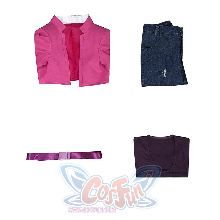 Fantastic Four Invisible Woman Susan Storm cosplay full set layers a pink crop jacket and purple scoop-neck top above a dark.