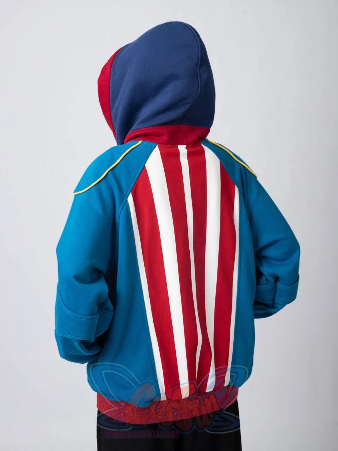Rear view of Homelander cosplay jacket with hood up, showing red and white vertical stripes