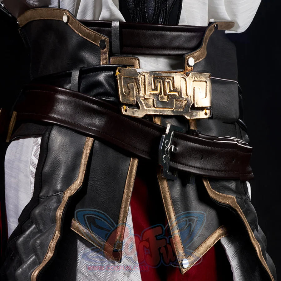Honkai: Star Rail Jing Yuan cosplay waistband anchors geometric gold buckle over layered brown belts.