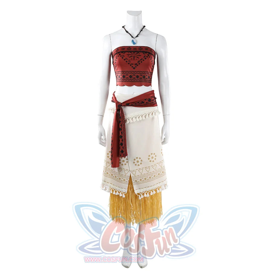Moana cosplay set balances a patterned crop top over a tiered yellow shredded overskirt and cream wrap.