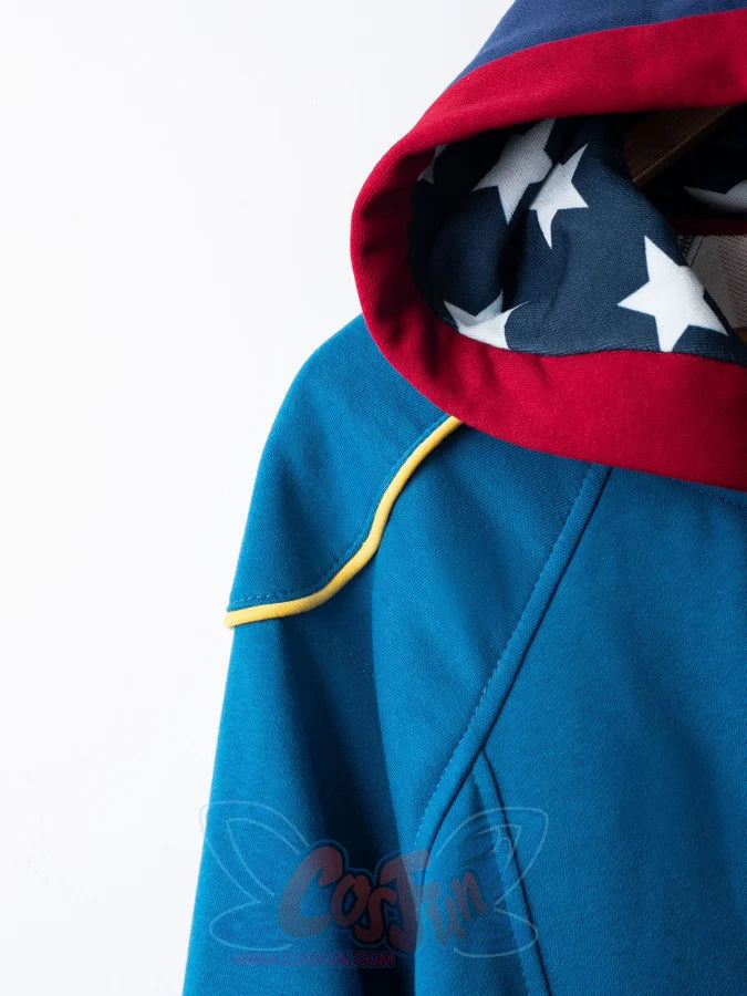 Detail of Homelander cosplay jacket hood with star pattern and yellow shoulder trim