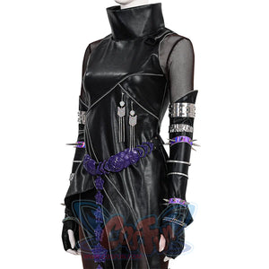 Close-up of Mira cosplay black pleather suit showing high collar, mesh panels, purple floral belt and matching arm accessories for anime cosplay.