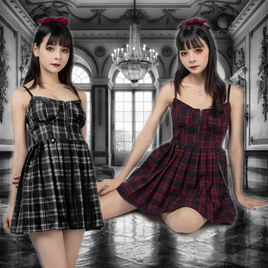 Gothic Grunge Spaghetti Strap Plaid Mini Dress mp005895 - cosfun Gothic Grunge Spaghetti Strap Plaid Mini Dress mp005895 - cosfun