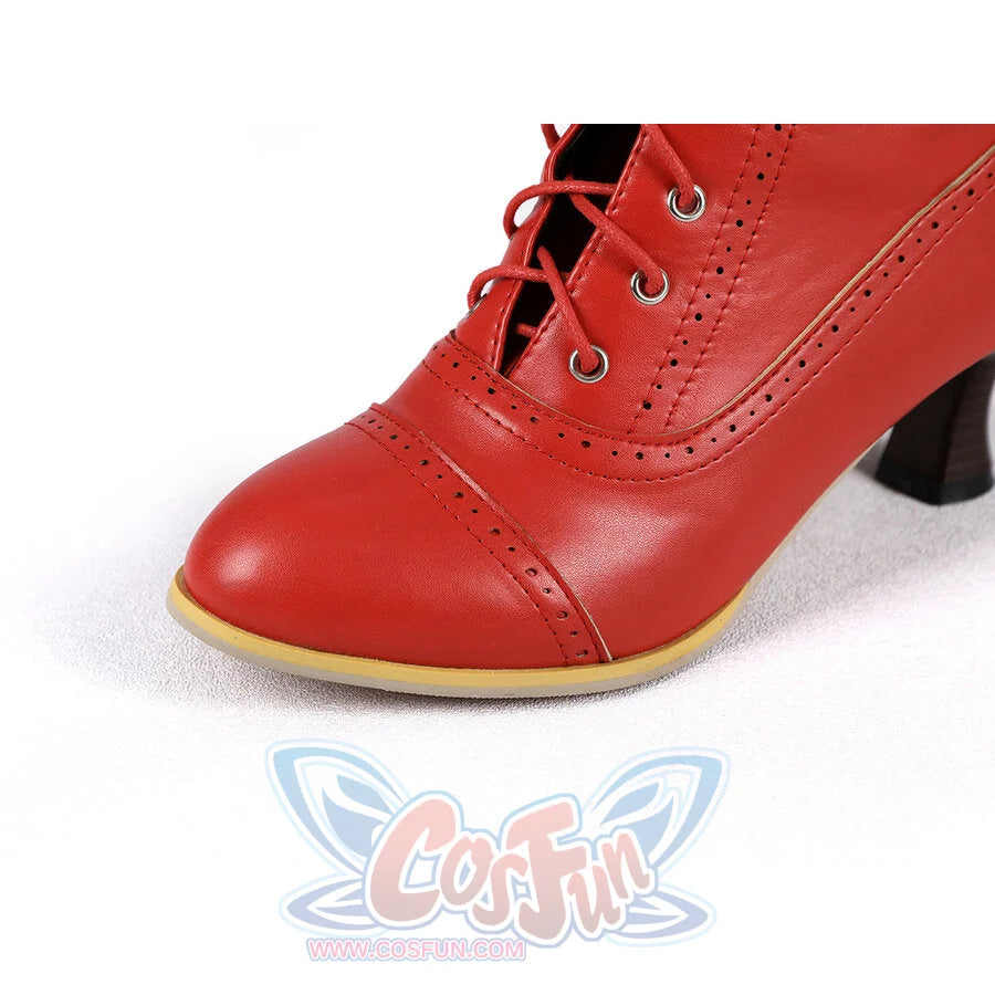 The Bride Ida Bolinski cosplay boots close-up tracing red matte PU leather perforations along the lace-up front.