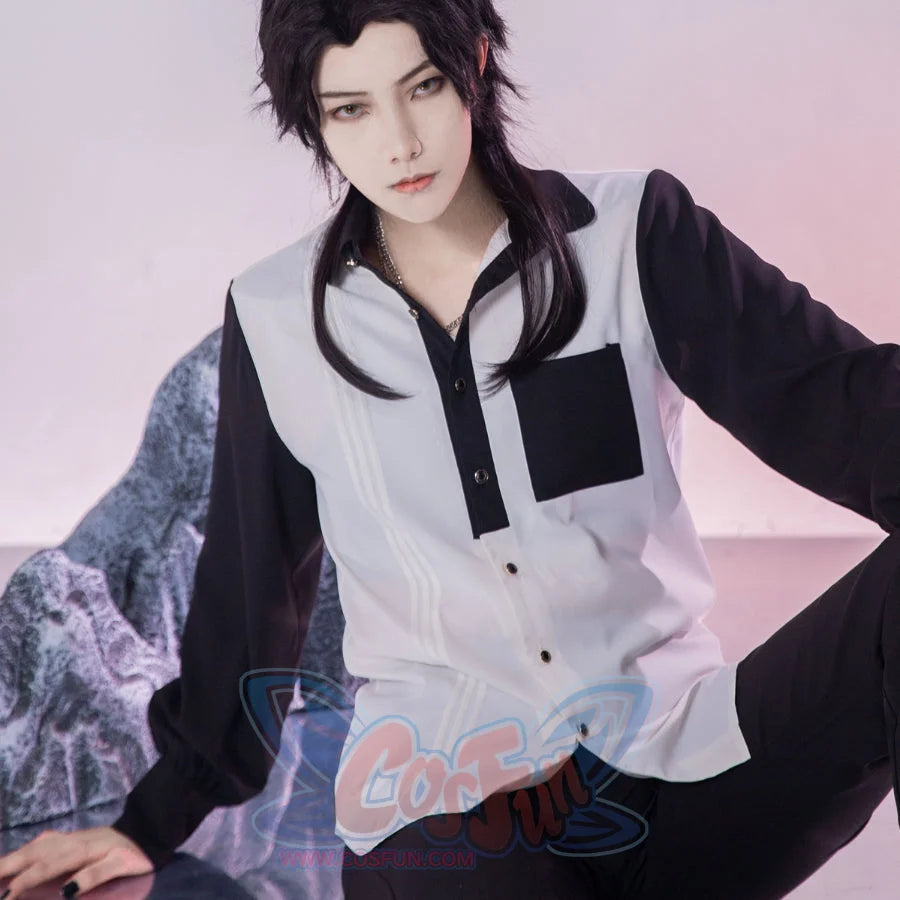 Devil Wants To Hug Comics Embroidered Color Blocking Shirt White and Black / S