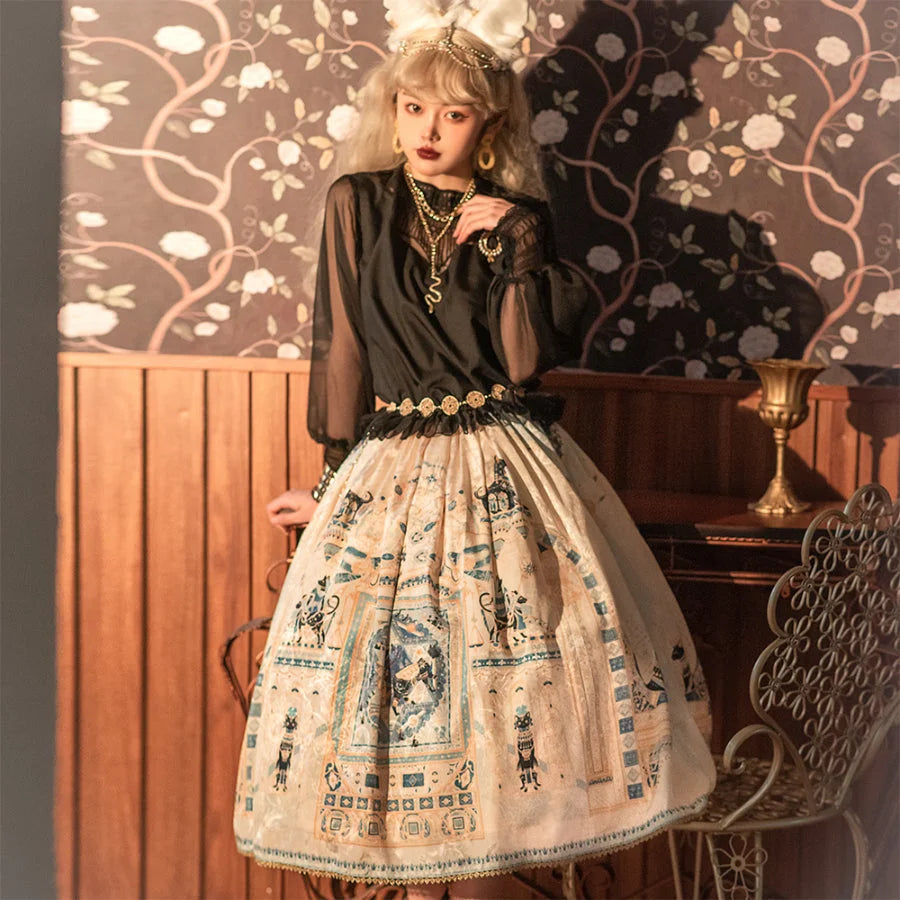 Egypt Style Simple Daily Lolita Printed Long Skirt Apricot / XS