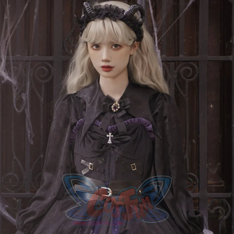 Halloween Gothic Vintage High Waist Jumper Skirt Sets Shirt + Bowknot / S