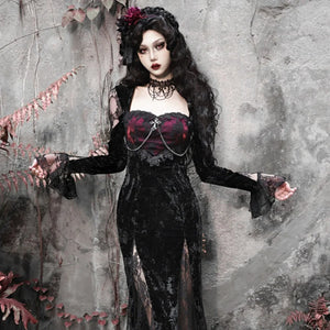 Gothic Crimson Halloween Lace Slim Velvet Fishtail Dress S22337