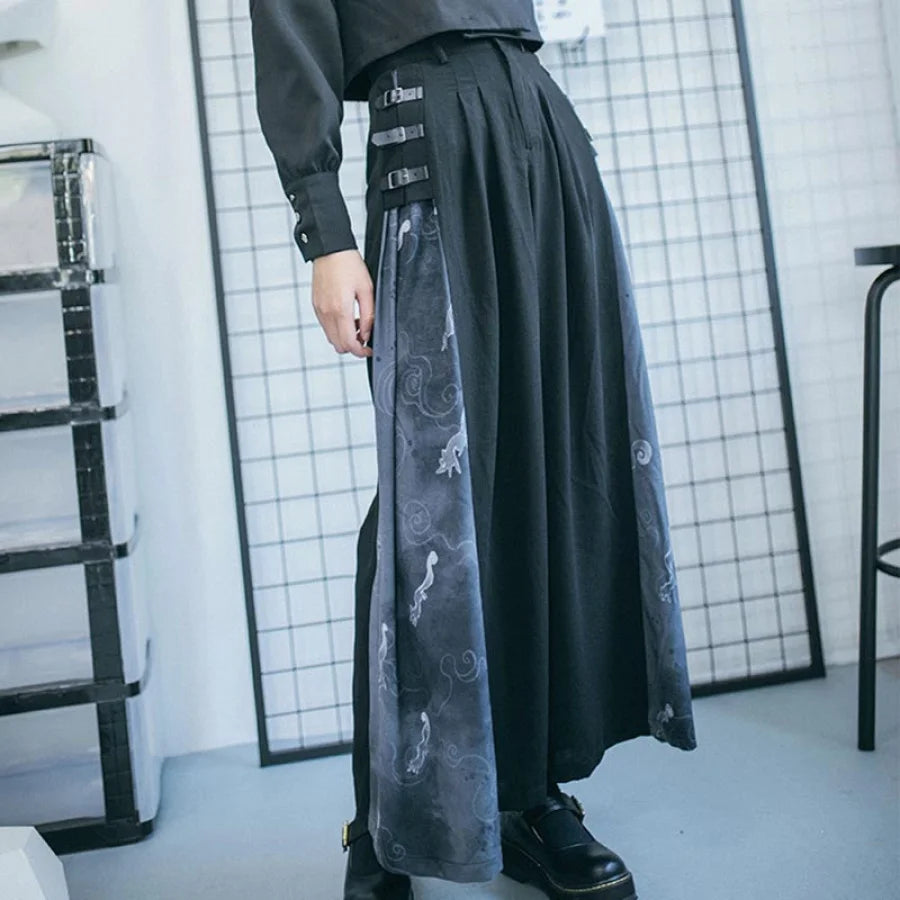 Chinese Style Stitched Wide Leg Pants Retro High Waist Hanging Feeling Loose Pants S20198 S / Pants Pants