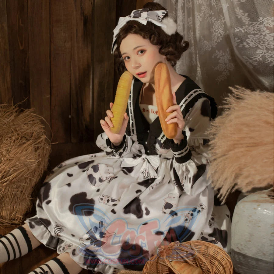 Lovely Cow Printed Lolita Long Sleeve Dress - cosfun