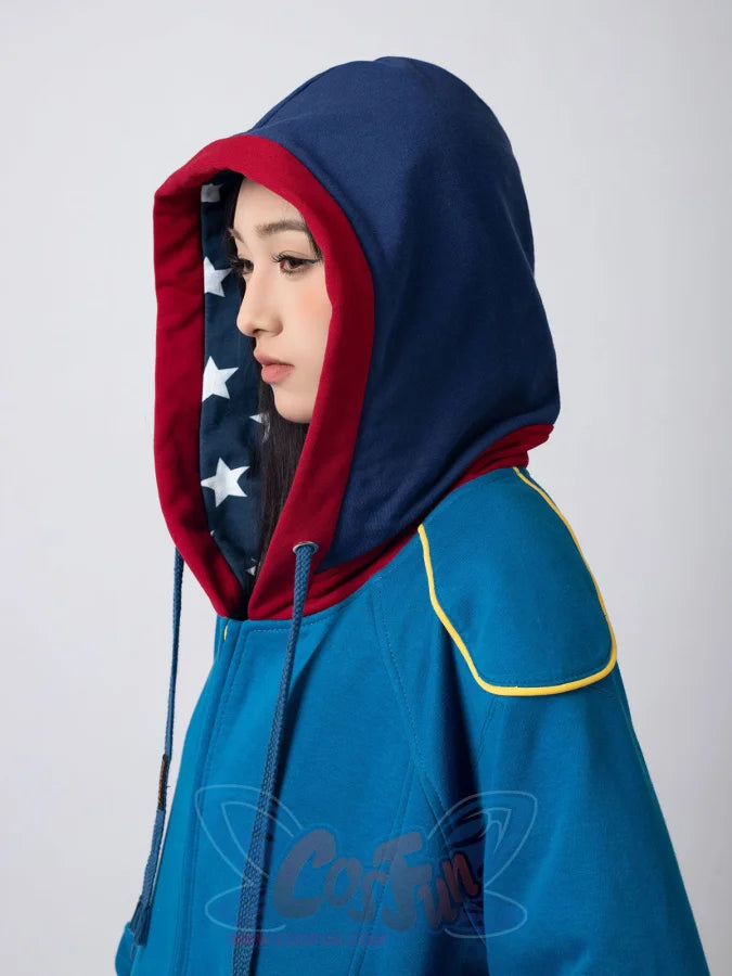 Profile view of Homelander cosplay jacket showing star-lined hood and shoulder trim details
