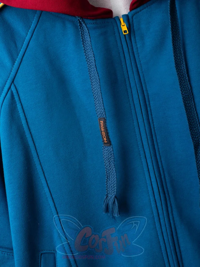 Close-up of Homelander cosplay jacket front zipper with yellow pull and hood drawstrings
