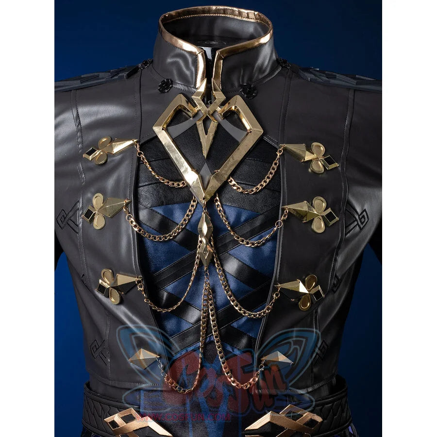Genshin Impact Il Capitano cosplay jacket front centers gold ornament against dark grey textured fabric and gold accents.