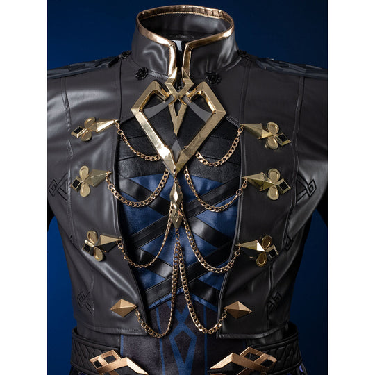 Genshin Impact Il Capitano cosplay jacket front centers gold ornament against dark grey textured fabric and gold accents.