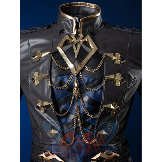 Genshin Impact Il Capitano cosplay jacket front centers gold ornament against dark grey textured fabric and gold accents.