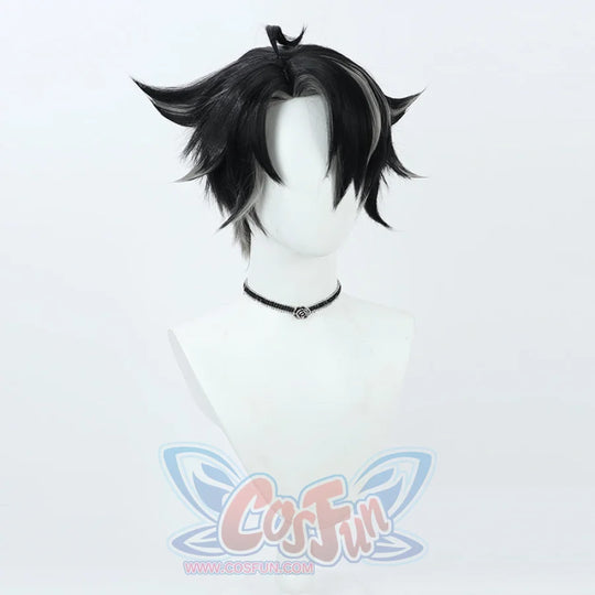 Genshin Impact Wriothesley cosplay wig balances spiky black spikes in a detailed costume view.