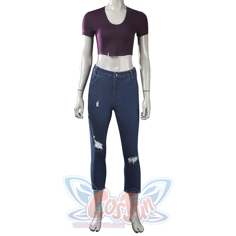 Fantastic Four Invisible Woman Susan Storm cosplay top and jeans set pairs a purple scoop-neck crop top above torn dark.