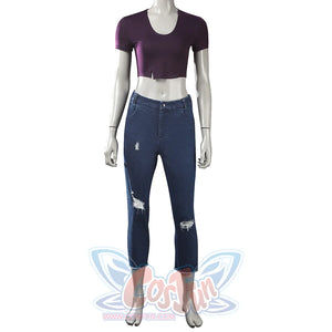 Fantastic Four Invisible Woman Susan Storm cosplay top and jeans set pairs a purple scoop-neck crop top above torn dark.
