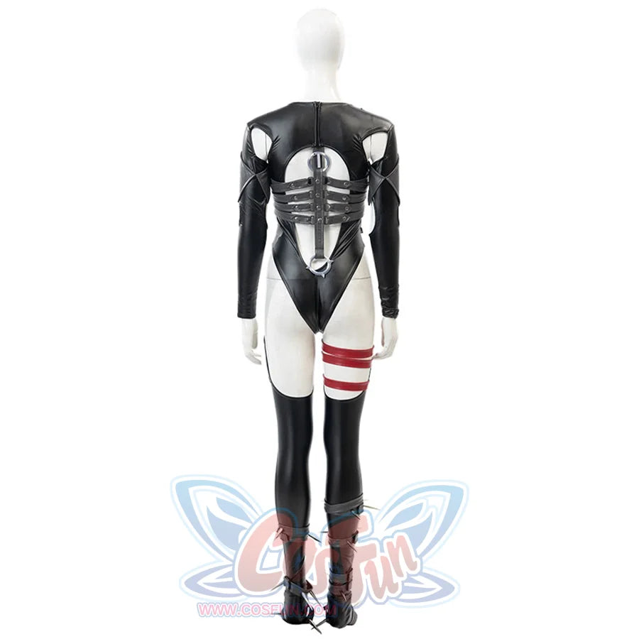 Invisible Woman Malice Cosplay back inner costume with black and silver accessories on a white background.
