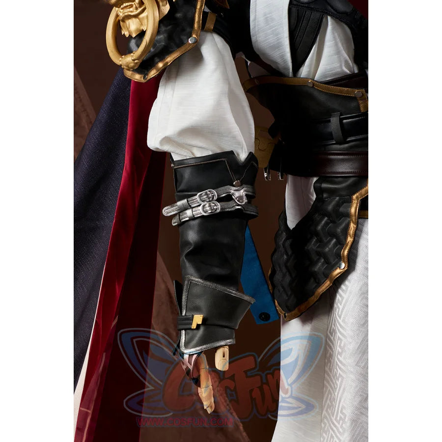 Honkai: Star Rail Jing Yuan cosplay wrist guard pairs black bracer silver buckles to gold ring detail.