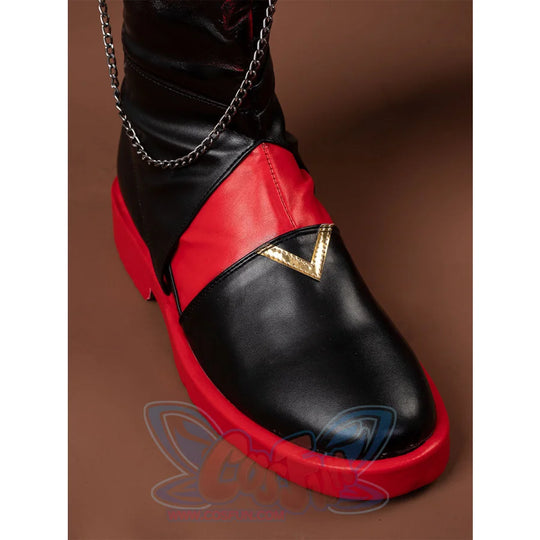 Genshin Impact Tartaglia Childe cosplay boot centering a gold V-shaped buckle over bold red and black color-blocked panels.
