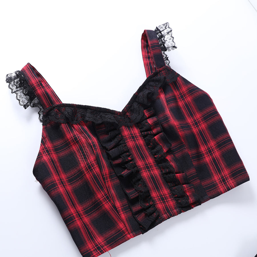 Sweet and Cool Plaid Camisole and Lace Up Skirt Two Piece Sets S22896