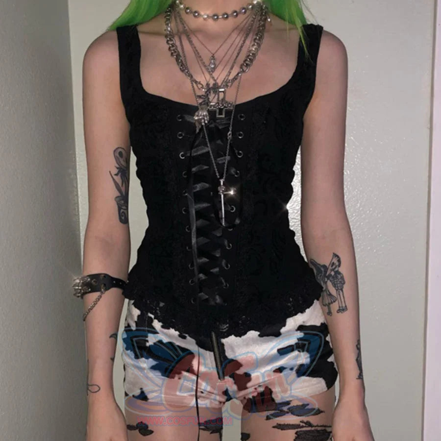 Black Lace Up Slim Short Vest S