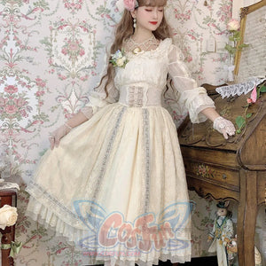 Spring Elegant Embroidered Lolita High Waist Skirt Apricot / S