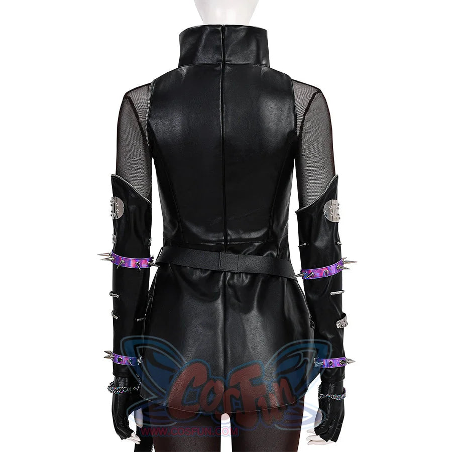 Close-up of Mira cosplay black leather suit showing high collar, mesh details, studded arm pieces, purple accents for anime cosplay.