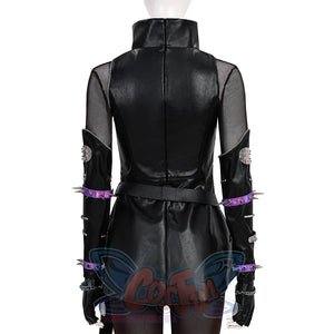 Close-up of Mira cosplay black leather suit showing high collar, mesh details, studded arm pieces, purple accents for anime cosplay.