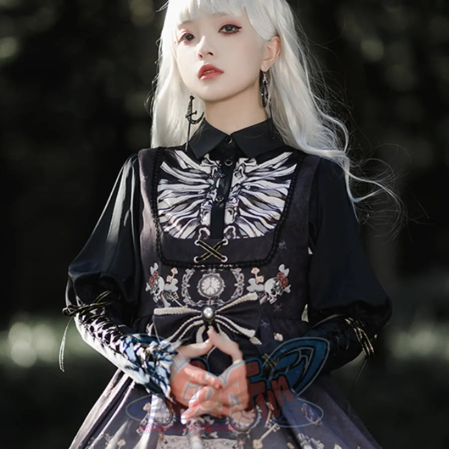 Vintage Gothic Lolita Jumper Skirt and Long-sleeved Shirt Shirt / Black / S