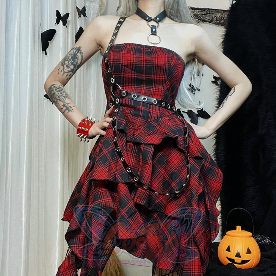 Sweet And Cool Irregular Slim Plaid Dress S22929 Single Strap / S