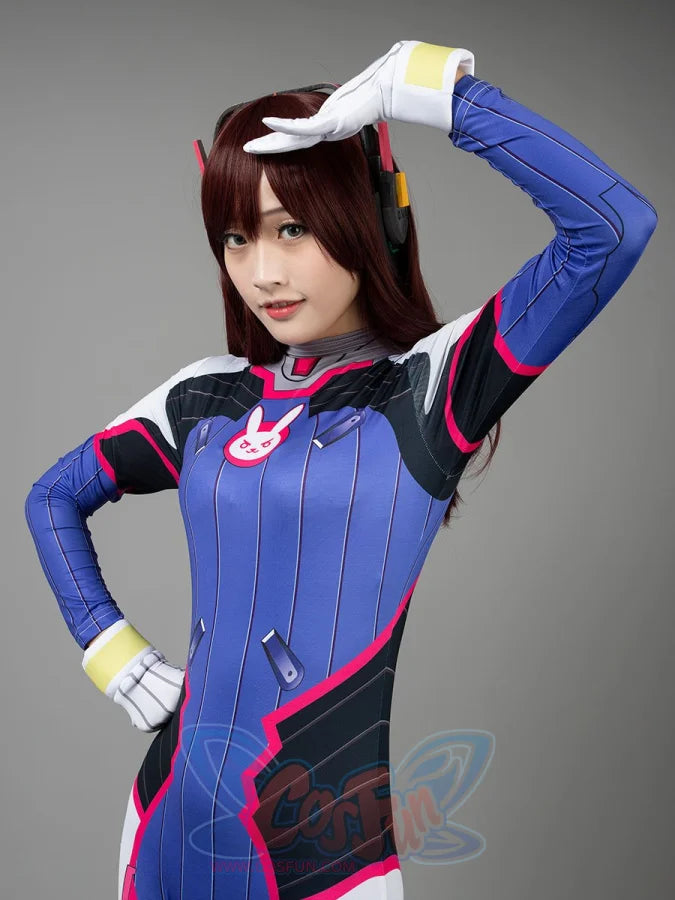 D.Va Hana Song Overwatch cosplay jumpsuit layers chest logo graphics above yellow-cuffed gloves and headset.