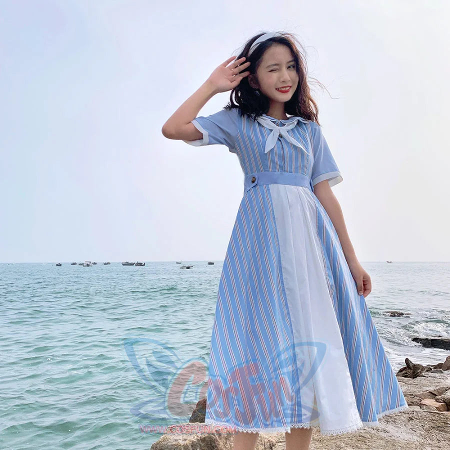 Summer Color Blocking Stripe Short-sleeved Dress - cosfun