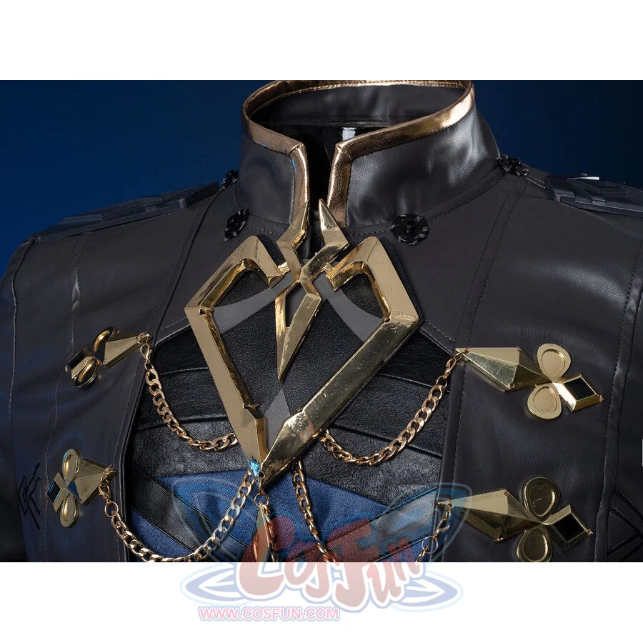 Genshin Impact Il Capitano cosplay jacket detail centers metallic gold heart emblem draped by gold chains across grey fabric.