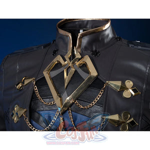 Genshin Impact Il Capitano cosplay jacket detail centers metallic gold heart emblem draped by gold chains across grey fabric.