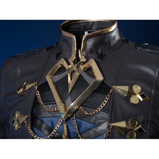Genshin Impact Il Capitano cosplay jacket detail centers metallic gold heart emblem draped by gold chains across grey fabric.