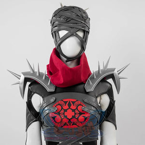 Invisible Woman Malice Cosplay costume details with black, silver accessories, and red design on a white background.