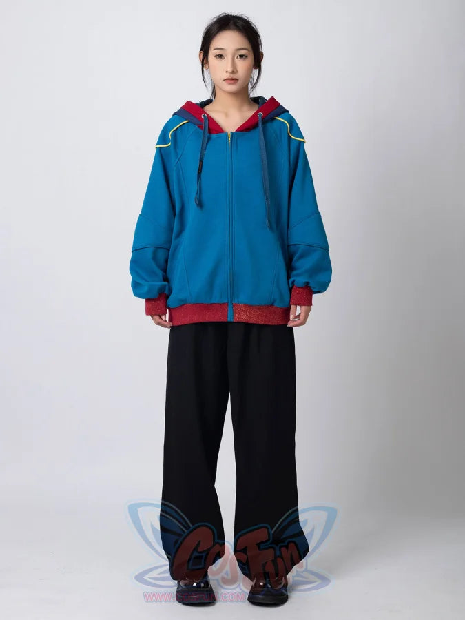 Woman in blue Homelander cosplay jacket, front full-body straight pose showing design