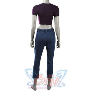 Fantastic Four Invisible Woman Susan Storm cosplay back view balances a deep purple crop top above raw-hem high-waist denim.