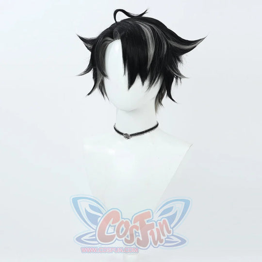 Genshin Impact Wriothesley cosplay wig layers pointed black-and-grey strands upward and pairs a slim black choker with a.