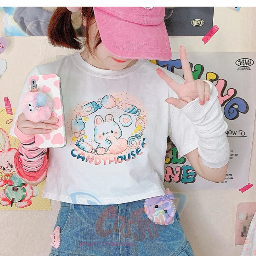 Japanese Cartoon Printed Short-sleeved Top Short Top / Rabbit / One Size