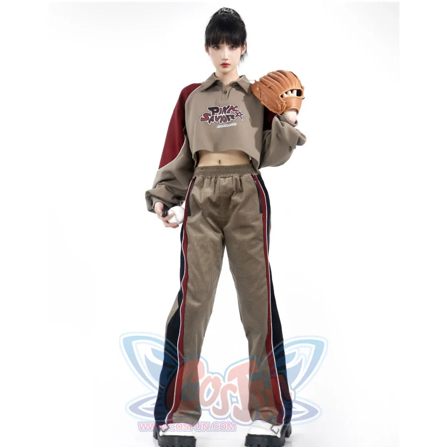 Khaki Striped Velvet Patchwork Slim Skirt Pants Sweater Suit S22429