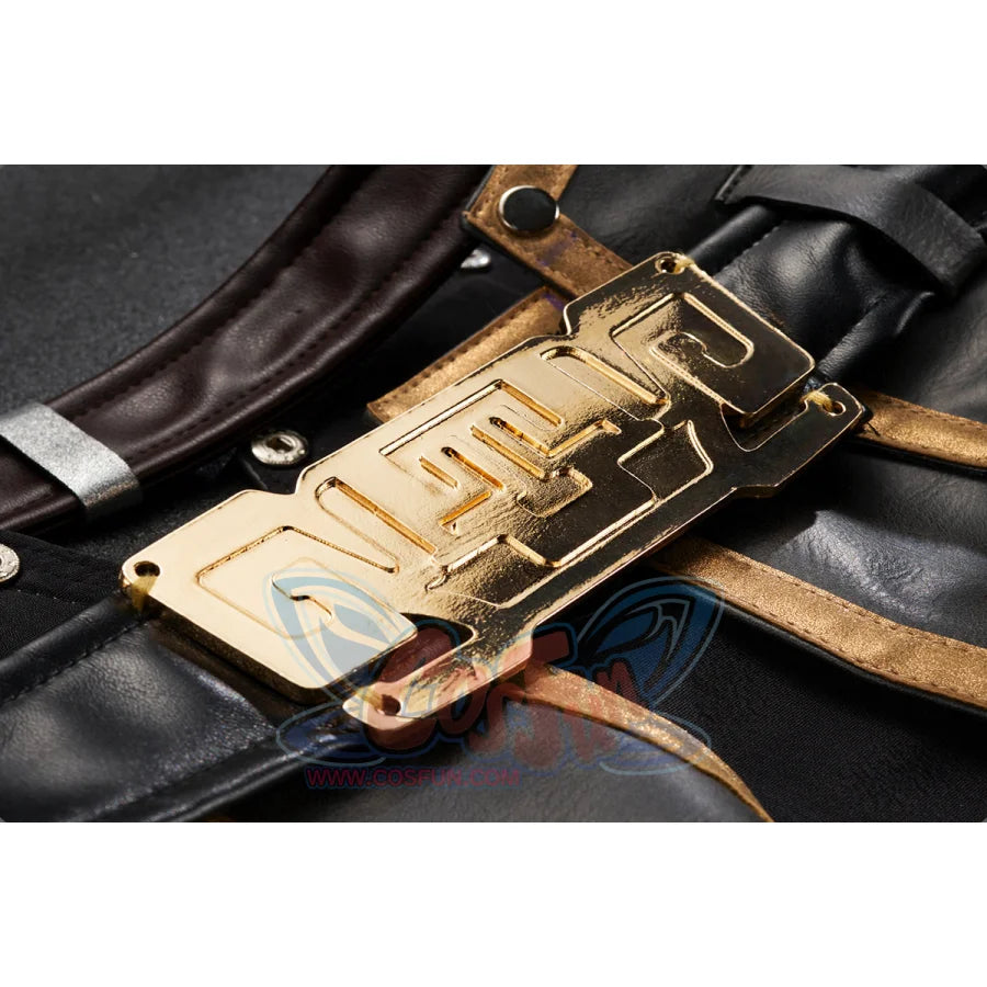 Honkai: Star Rail Jing Yuan cosplay vest anchors textured gold plate onto dark leather panels.